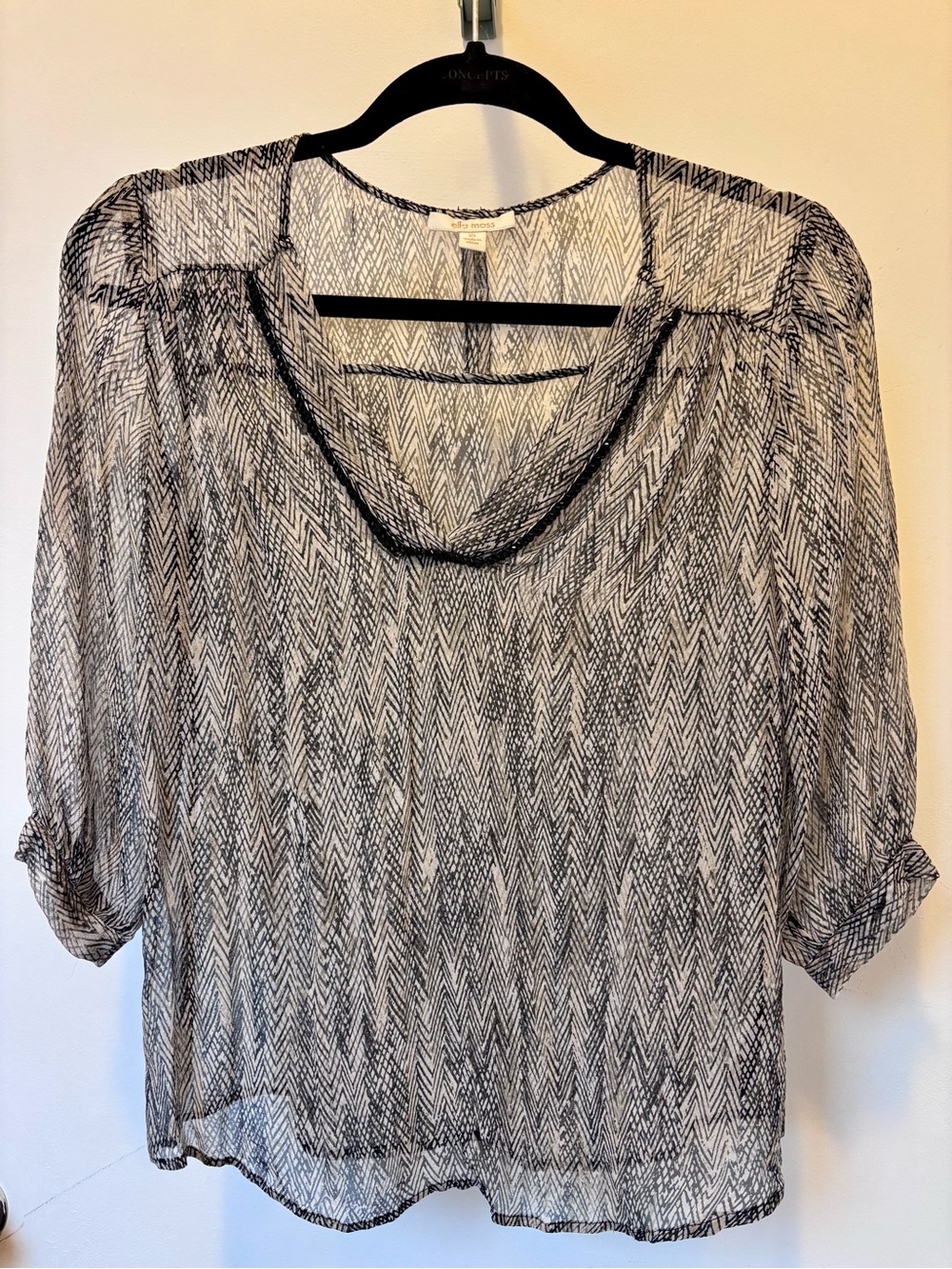 Ella Moss Black & White 100% Silk Chevron Sheer Blouse XS